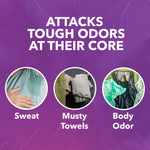 Purple infographic panel reading "Attacks Tough Odors at Their Core" with circles showing sweat, musty towels, body odor