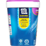 Rear-side view of a blue OxiClean Odor Blasters tub showing a QR code panel, social handles and certification logos near the bottom.
