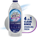 Clear bottle of OxiClean Odor Blasters Clean Rinse with purple label and 50 oz callout on white background