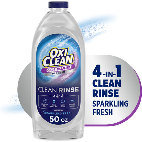 Clear bottle of OxiClean Odor Blasters Clean Rinse with purple label and 50 oz callout on white background