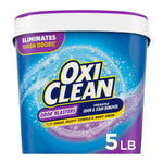 Close-up front of a blue OxiClean Odor Blasters powder tub showing logo, purple lid and '5 LB' label.