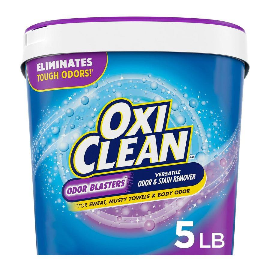 Close-up front of a blue OxiClean Odor Blasters powder tub showing logo, purple lid and '5 LB' label.