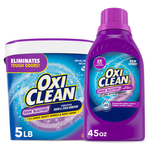 OxiClean Odor Blasters purple laundry powder tub paired with matching purple liquid bottle on white background