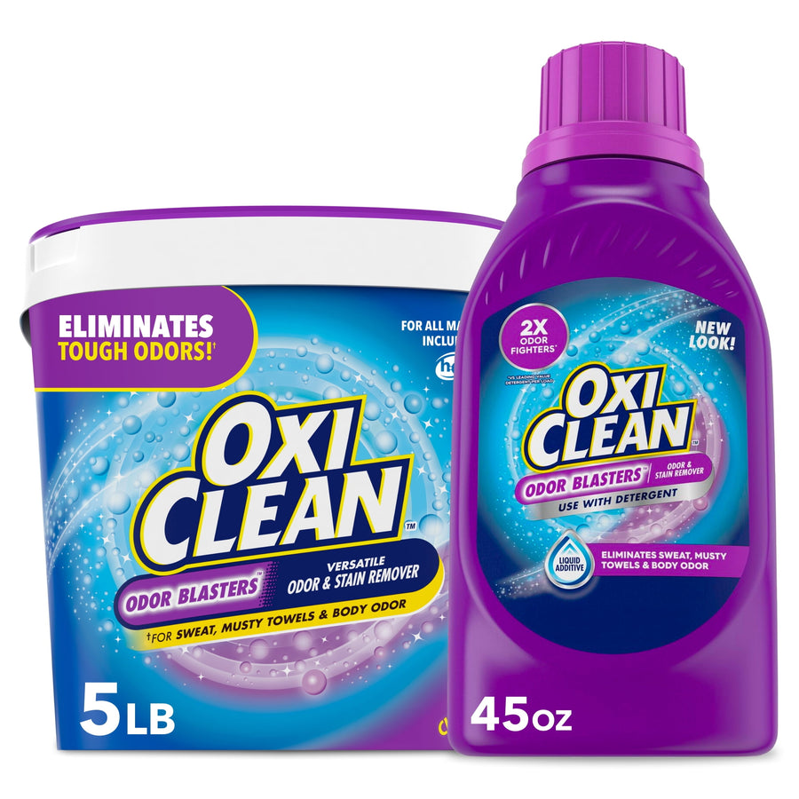 OxiClean Odor Blasters purple laundry powder tub paired with matching purple liquid bottle on white background