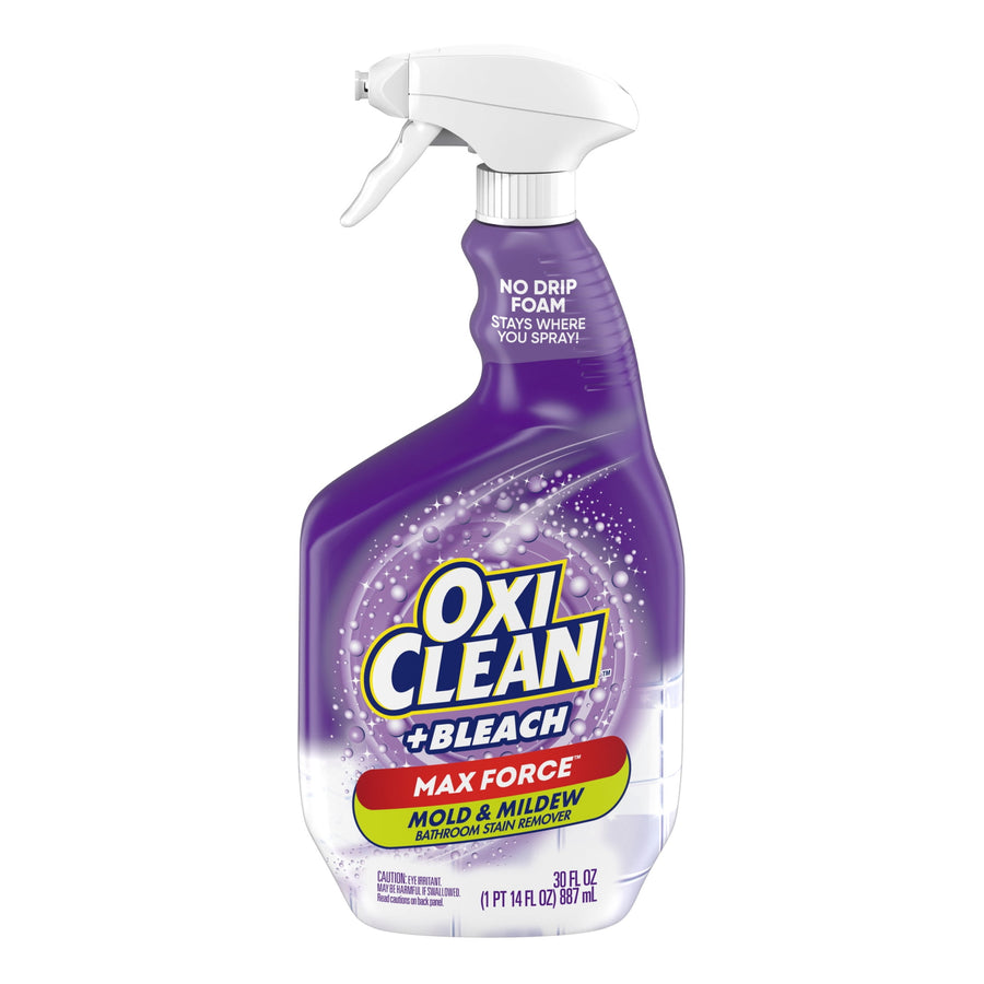 Front-facing purple OxiClean +Bleach spray bottle with white trigger and red 'Max Force' label on white background