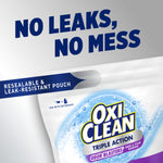 Partial product pouch close-up showing OxiClean logo and a banner reading “No leaks, no mess” about the resealable pouch