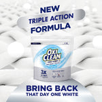 OxiClean Triple Action White Revive pouch staged on soft fabric background with headline ‘Bring back that day one white’