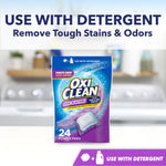 Product lifestyle graphic showing an OxiClean Odor Blasters pouch on a laundry room counter with 'Use With Detergent' headline above.