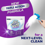 OxiClean pouch next to a scoop pouring white powder with text highlighting the new triple action formula.