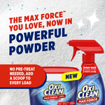 Promotional graphic with bold text 'POWERFUL POWDER', OxiClean tub and spray bottle partial images on powdered background