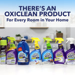 Row of various OxiClean products displayed on a shelf with headline there's an OxiClean product for every room in your home