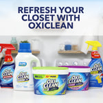 Promotional image showing multiple OxiClean products on a laundry room counter with 'Refresh your closet with OxiClean' headline.