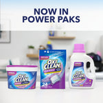 Product lineup image showing three OxiClean Odor Blasters formats: tub, pouch, and liquid bottle with 'Now In Power Paks' headline above.