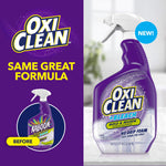 Promotional split graphic showing OxiClean logo and a purple OxiClean +Bleach spray bottle with 'Same Great Formula' copy