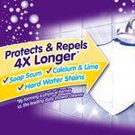 Close-up graphic arrow reading 'Protects & Repels 4X Longer' with shower tile and shield artwork