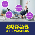 Lifestyle-style graphic with a woman exercising on the floor, dog nearby and circles labeling socks, towels, workout clothes, pet bedding.