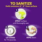 Sanitizing instructions graphic with icons and steps showing spray, let stand and wipe for OxiClean cleaner