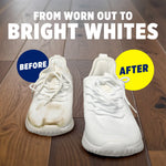 Before-and-after styled image of a pair of sneakers, left stained and right bright white, with 'From worn out to bright whites' headline