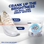 Before-and-after style graphic showing a sneaker whitening effect with an OxiClean pouch and headline about brightness