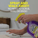 Lifestyle-style image of hands spraying OxiClean Shower Guard onto a towel with text overlay