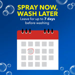 Graphic calendar with text 'Spray now, wash later' advising leave up to 7 days, on a blue bubble background