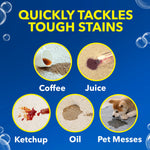 Graphic showing stains (coffee, juice, ketchup, oil, pet messes) with text quickly tackles tough stains on blue background