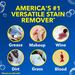 Blue infographic panel showing stains OxiClean removes: grease, makeup, wine, dirt, grass and blood with circular images