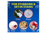 Blue infographic panel listing stains OxiClean removes with circular images for grass, blood, wine, grease and ink.