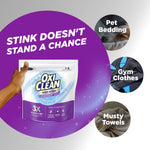 Promotional circle layout with an OxiClean pouch and copy 'Stink doesn't stand a chance' plus use-case thumbnails.