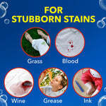 Five circular icons showing grass, blood, wine, grease and ink stains with 'For stubborn stains' header
