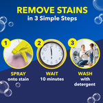 Instructional graphic showing three steps: spray onto stain, wait 10 minutes, then wash with detergent, on blue background.