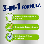 Graphic listing three benefits of OxiClean Triple Action: free from fragrance & dyes, removes tough stains, brightens colors & whites
