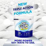OxiClean Triple Action package shown on a textured white background with headline ‘NEW TRIPLE ACTION FORMULA’