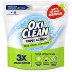 Front-facing OxiClean Triple Action resealable powder pouch with green lower panel and branding on white background.