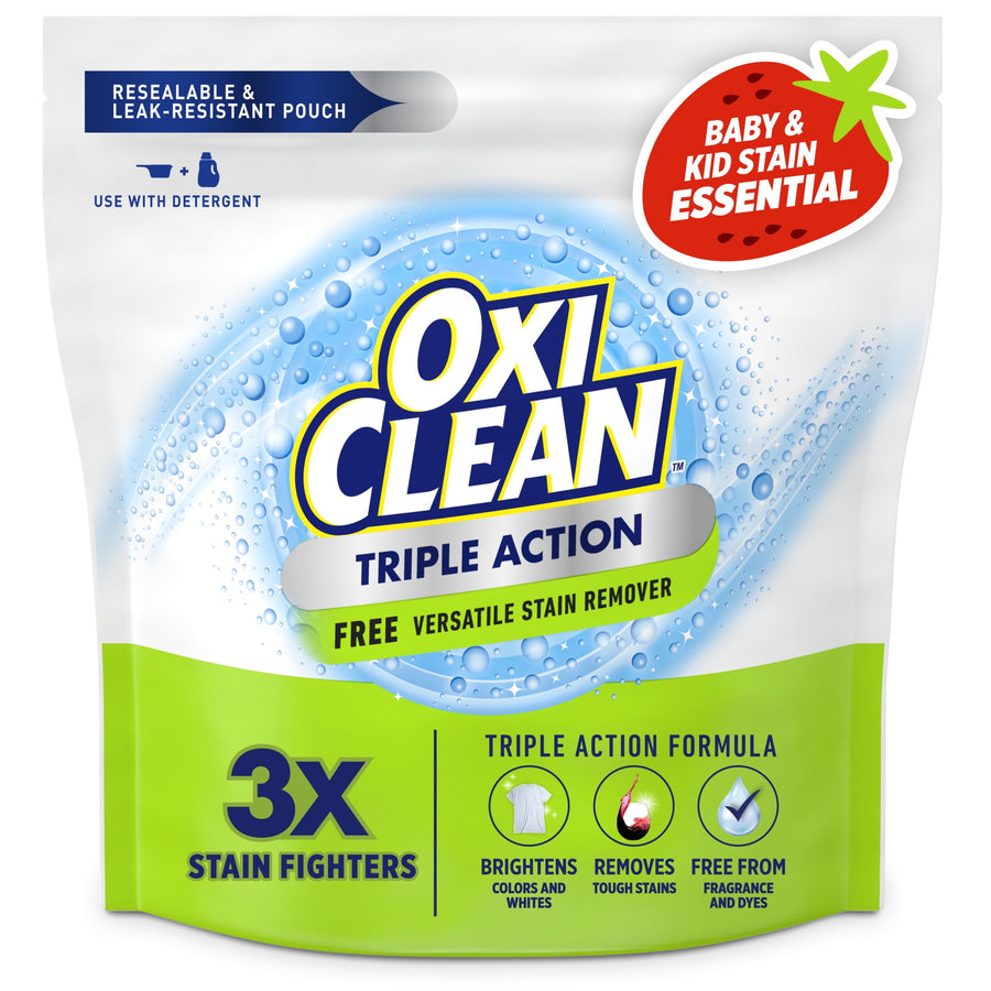 OxiClean Triple Action free versatile stain remover pouch with lime green and blue design and brand logo