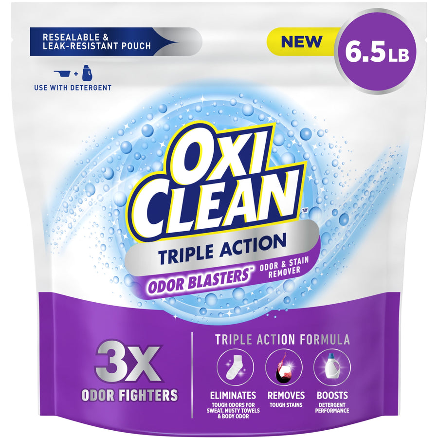 Front view of OxiClean Triple Action Odor Blasters resealable pouch with purple branding