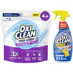 OxiClean triple action odor blasters 4 lb pouch paired with OxiClean stain remover spray with yellow trigger on white background
