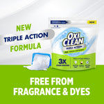 OxiClean Triple Action pouch on promotional background with scoop of powder and text highlighting fragrance- and dye-free