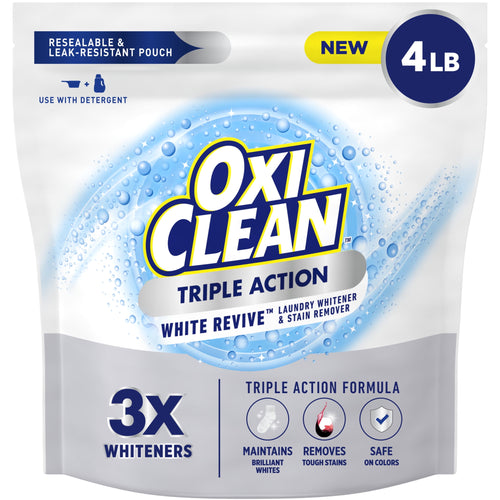 Front-facing OxiClean Triple Action White Revive resealable pouch with branding and 3X whiteners callout