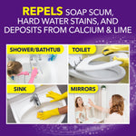 Feature collage on purple background showing uses: shower/bathtub, toilet, sink and mirrors
