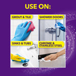 Usage grid with four photos showing cleaning grout, shower doors, sinks and chrome labeled for OxiClean use