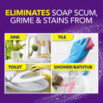 Graphic collage showing sink, tile, toilet and shower uses with 'Eliminates soap scum, grime & stains' headline