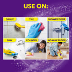 Grid of six photos showing surfaces to use product on: grout, tile, shower door, sink, counter and no-wax floor with yellow labels