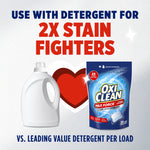 Graphic showing OxiClean pouch beside a detergent bottle with headline 'Use with detergent for 2X stain fighters'
