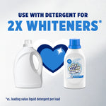 OxiClean bottle shown next to a generic detergent jug with a heart graphic and headline 'Use with detergent for 2X whiteners'