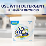OxiClean White Revive tub placed on a counter with overlay text instructing use with detergent in regular and HE washers.