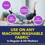 Lifestyle graphic showing a person stretching on floor with a dog and callouts for socks, bed sheets, workout clothes, and pet bedding