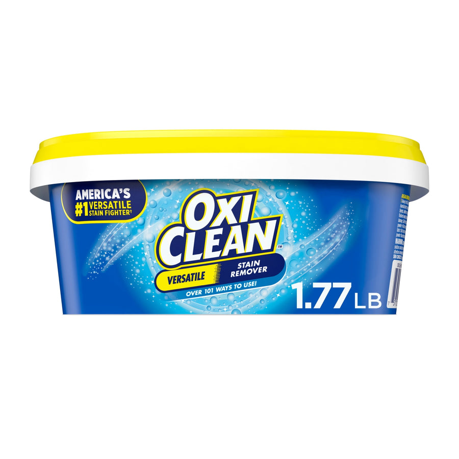 Close-up of OxiClean Versatile stain remover blue tub with yellow lid and 1.77 LB label