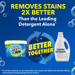 Comparison graphic showing an OxiClean Free tub and generic detergent bottle with headline 'Removes stains 2x better' and 'Better Together' badge.