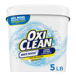Close-up of an OxiClean White Revive tub with logo, detergent bubbles and visible 5 lb label on white packaging.
